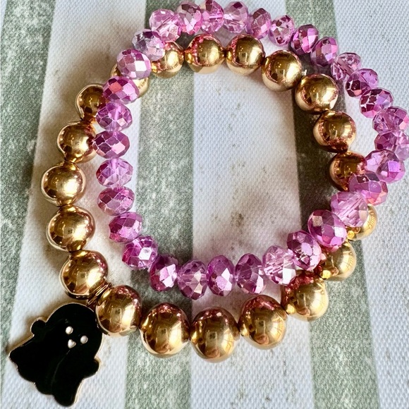 New Halloween Beaded Pink & Gold Tone Adult Size Bracelets w/ Ghost Charm - 8” - Picture 3 of 7